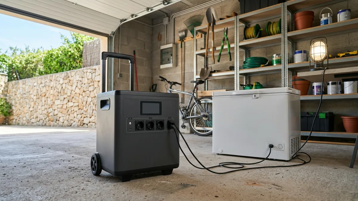 Una estación de energía grande con ruedas en el garaje de una casa, enchufada a un arcón congelador y a una lámpara de trabajo