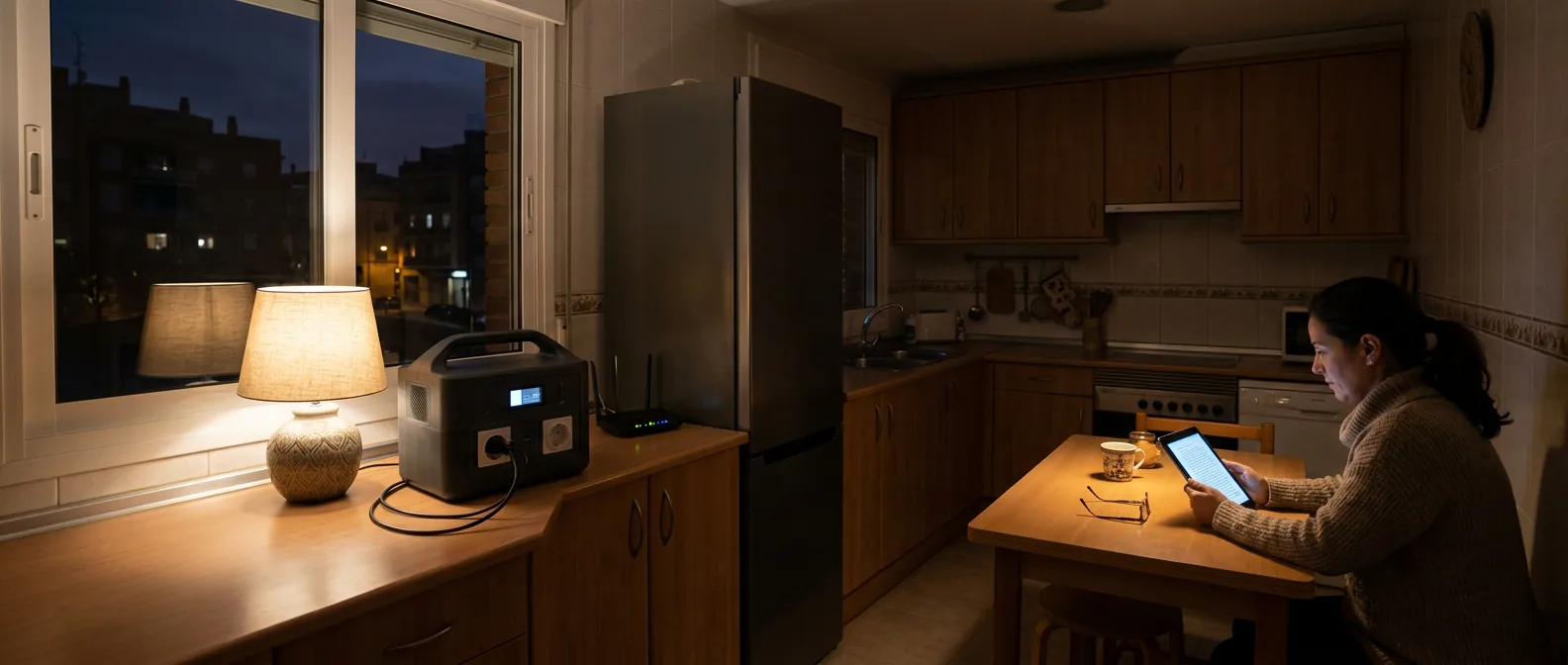 La cocina de un piso durante un apagón, con una estación de energía en la encimera que mantiene encendidos una lámpara y el router mientras una mujer lee en la mesa